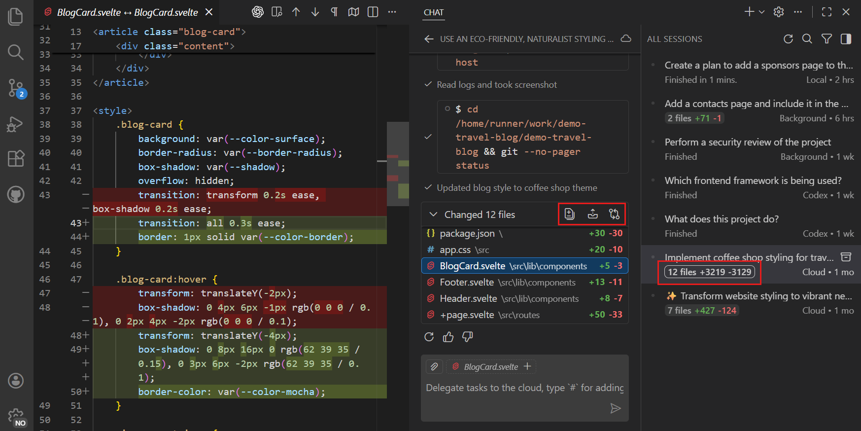 Screenshot of the file changes diff editor in an agent session.