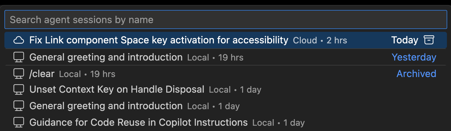Screenshot of the chat Quick Pick showing a list of agent sessions.