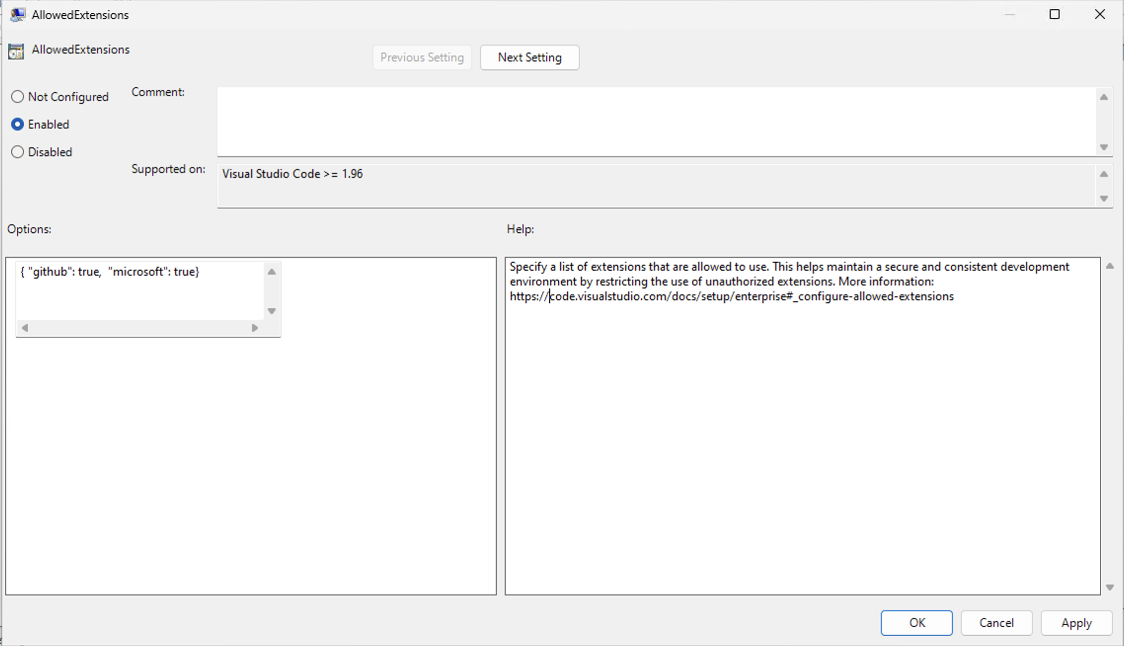Screenshot of configuring AllowedExtensions from the Local Group Policy Editor.