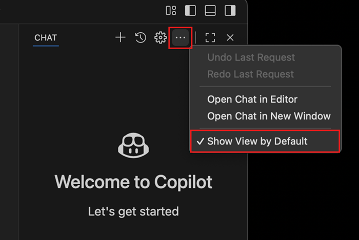 Screenshot showing Chat view menu with the option to set the default Secondary Side Bar visibility.
