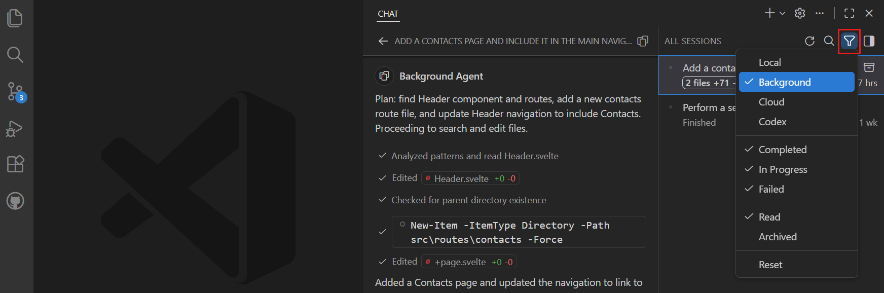 Screenshot of background agent filter in VS Code Chat view.