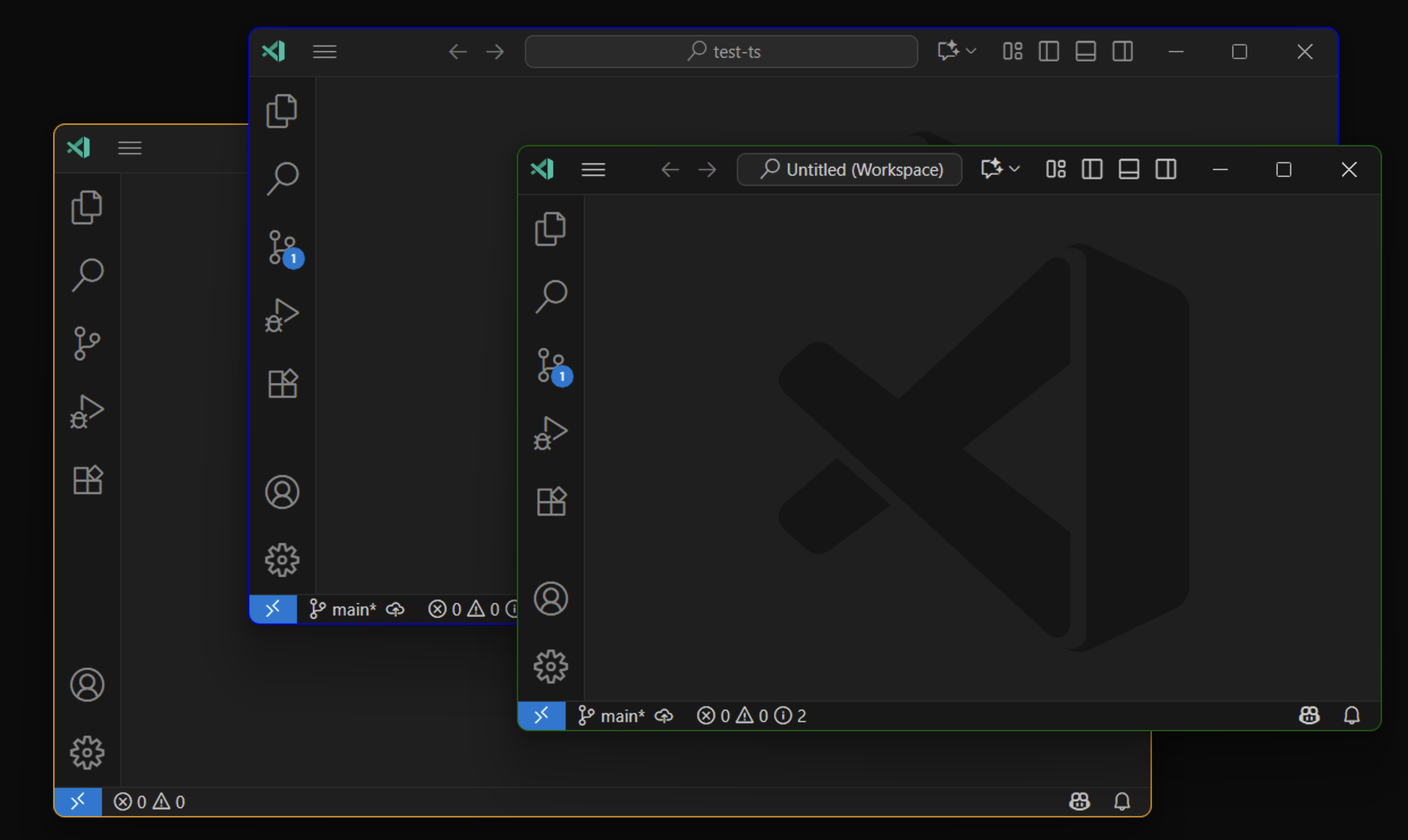 Screenshot of several VS Code windows with different border colors.