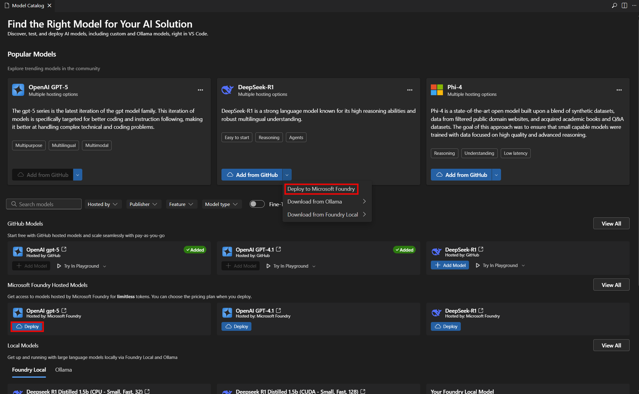 Screenshot of the AI Toolkit interface showing the model catalog with a model selected and the Deploy to Microsoft Foundry button highlighted.