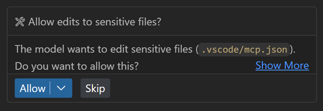 Screenshot showing the confirmation dialog for sensitive file edits in the Chat view.