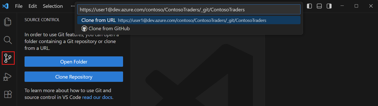 Screenshot of the Source Control view with the Clone Repository button highlighted.