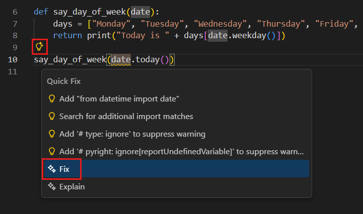 Screenshot that shows the lightbulb Code Action to fix an error with Copilot.