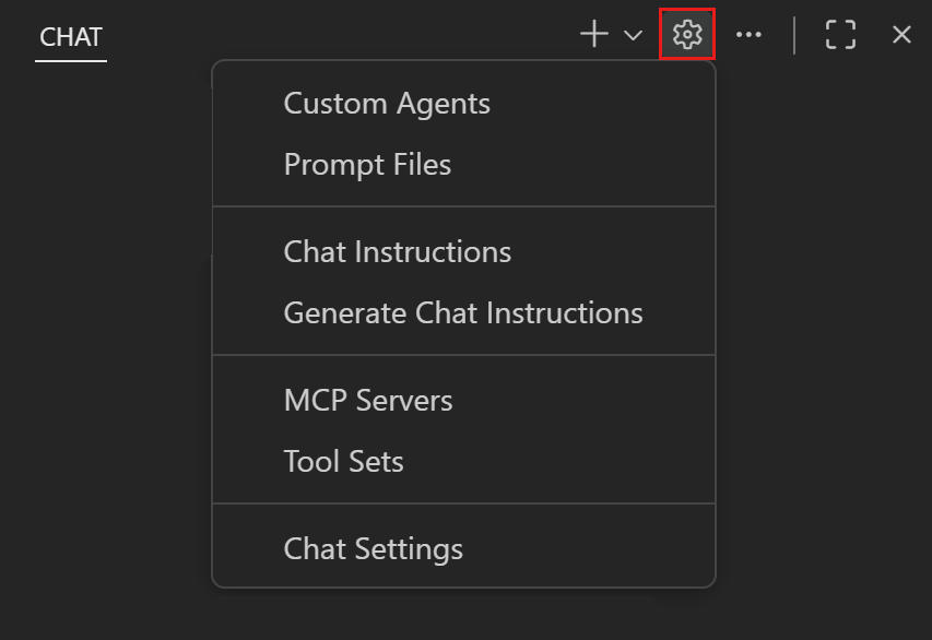 Screenshot showing the Chat view, and Configure Chat menu, highlighting the Configure Chat button.