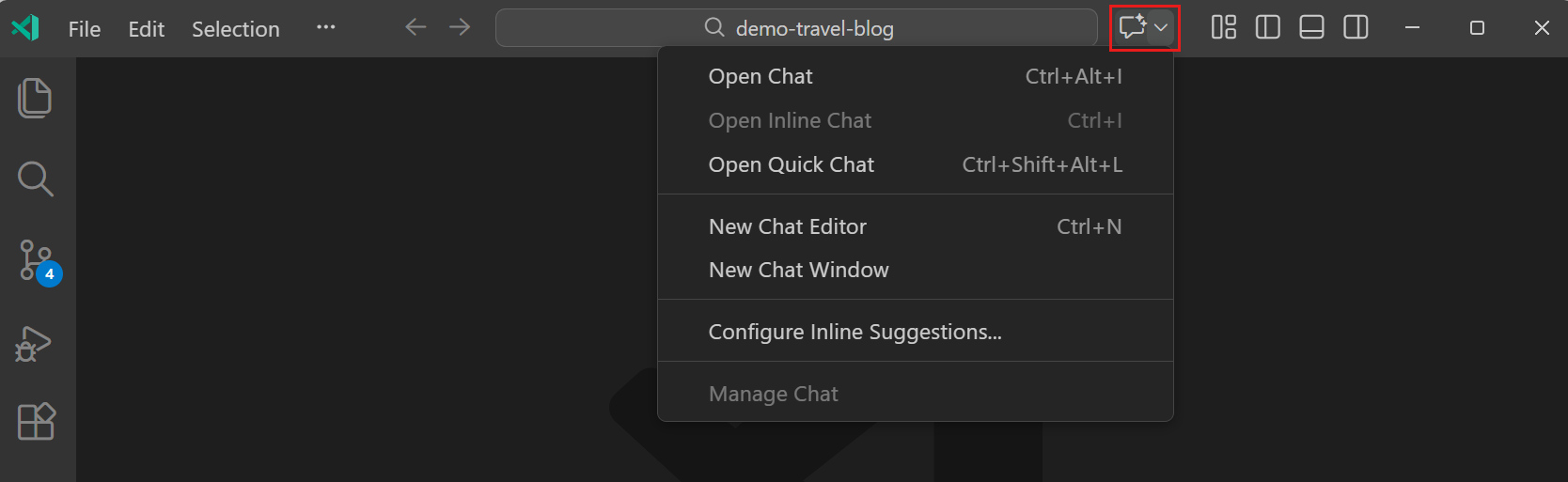 Screenshot of the Copilot Chat menu in the VS Code Command Center