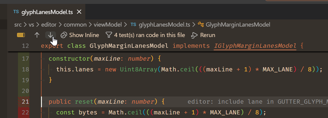 Screenshot showing the test coverage toolbar with navigation buttons to jump between uncovered regions.