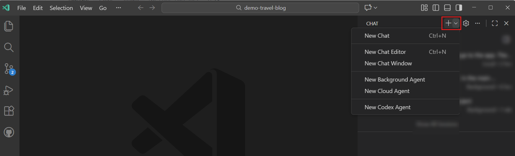 Screenshot of creating a new agent session from the Chat view.