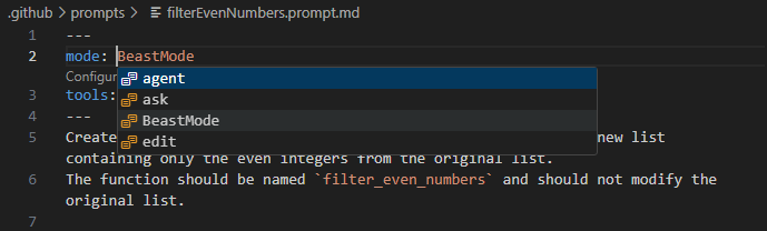 Screenshot showing IntelliSense for custom chat modes in prompt files.