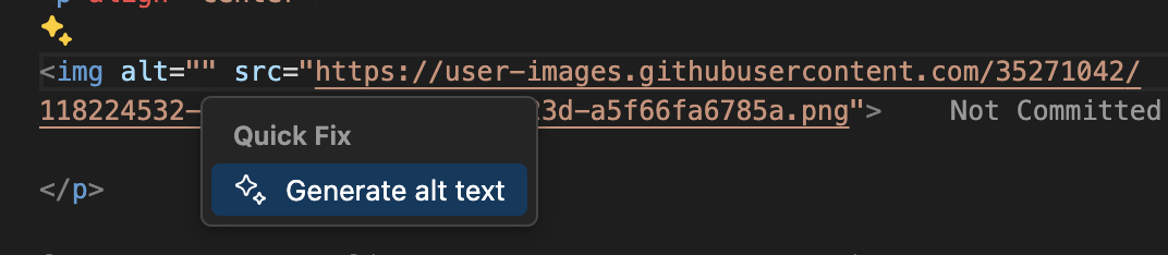Screenshot that shows generating alt text for an image html element.