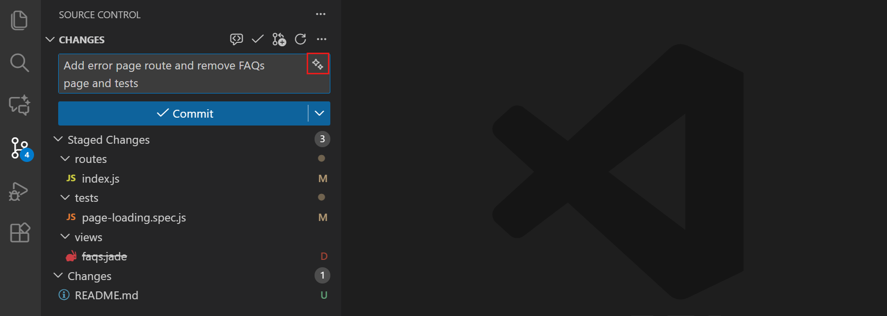 Screenshot of generating a commit message with AI.