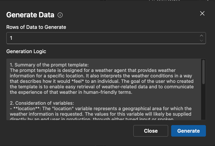 Screenshot showing Generate Data dialog in AI Toolkit.