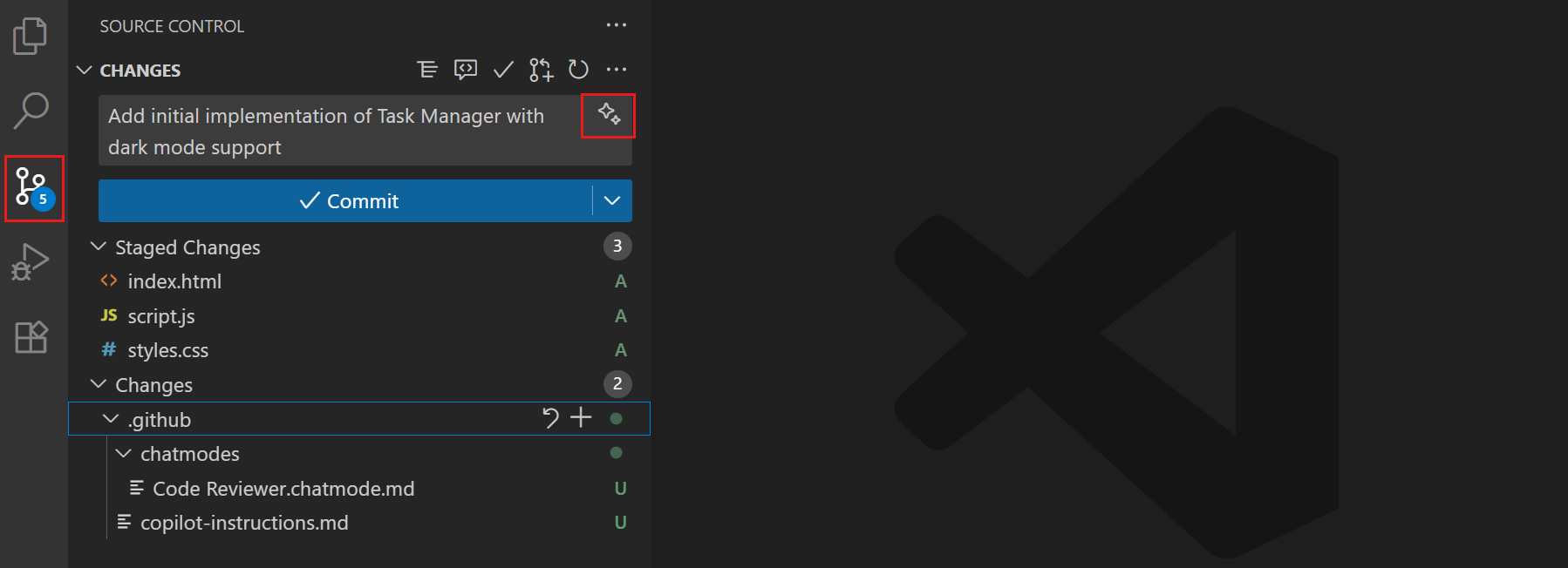 Screenshot showing generated commit message in Source Control view.