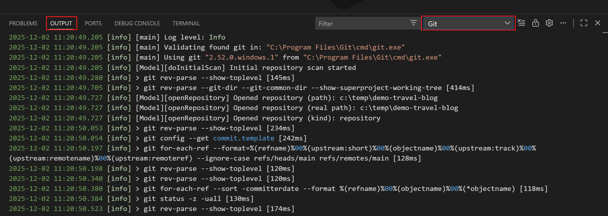 Screenshot of the Output panel showing the Git output channel.