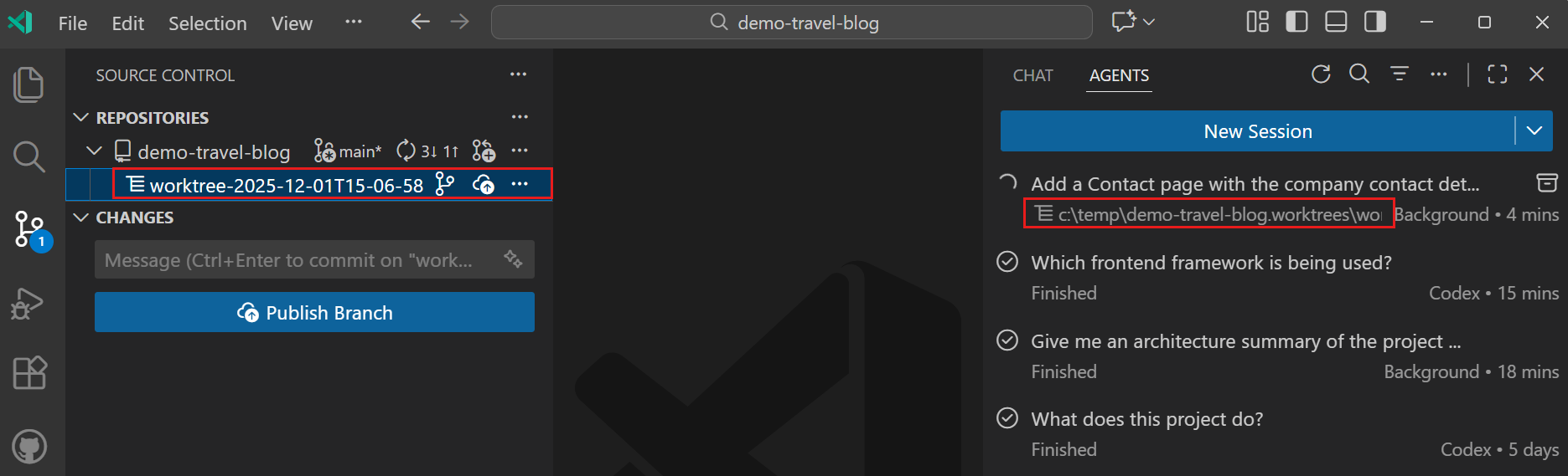 Screenshot showing Git worktree in VS Code Source Control view.
