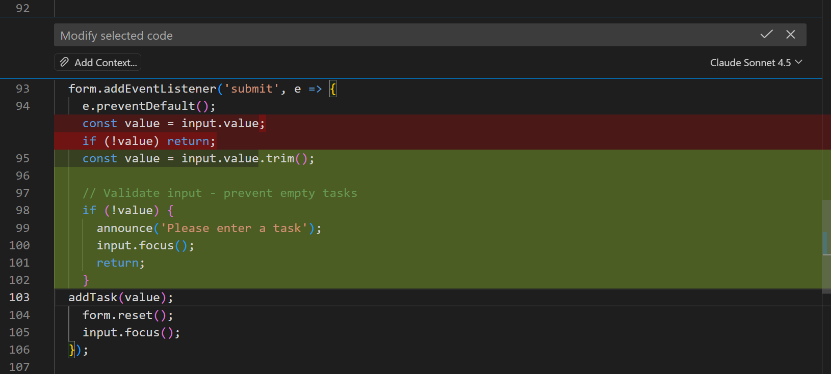 Screenshot showing inline chat adding validation to selected function.