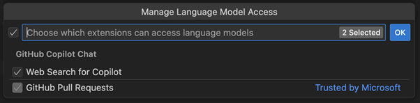 Screenshot that shows the language model access Quick Pick.