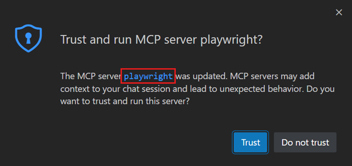 Screenshot showing the MCP server trust prompt.