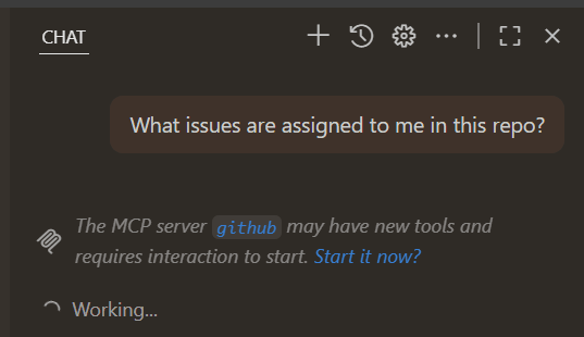 Screenshot of the Chat view, showing a notification message that the GitHub MCP requires restarting.