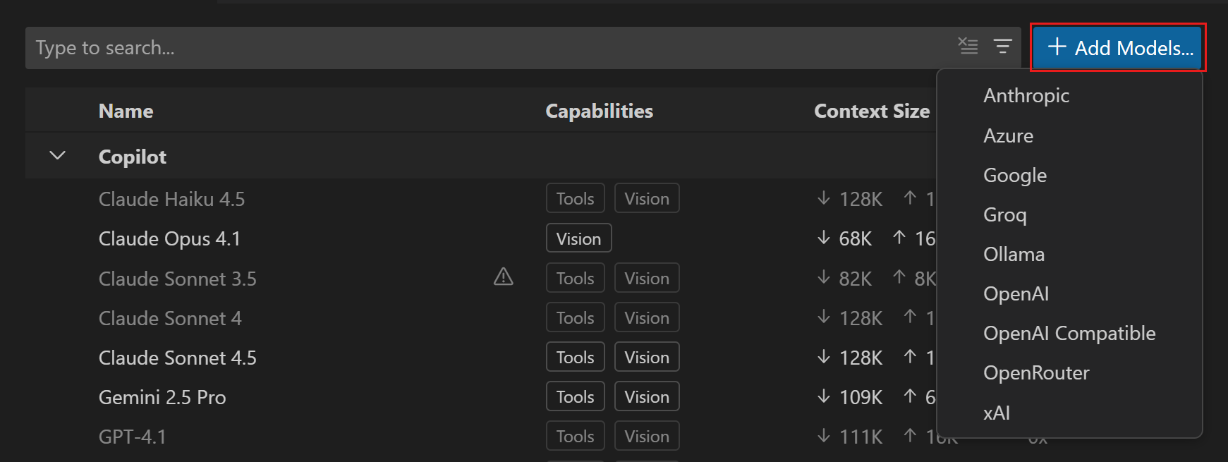 Screenshot that shows the model provider Quick Pick.