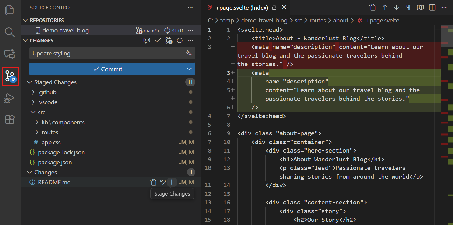 Screenshot of the Source Control view showing staged changes, and the diff editor showing side-by-side changes.