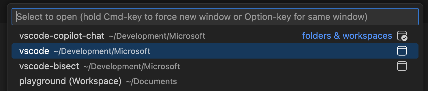 Screenshot of recently opened workspaces.