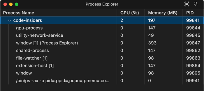 Screenshot of the VS Code process explorer in a floating window.