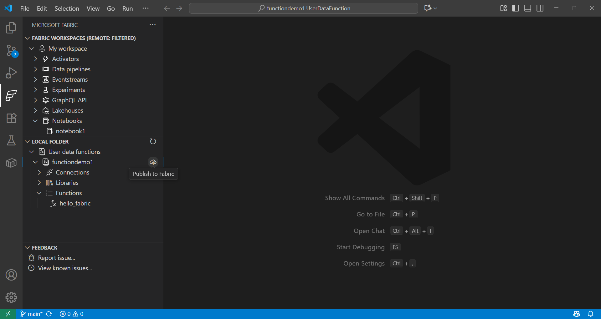 Screenshot that shows how to publish your user data functions item