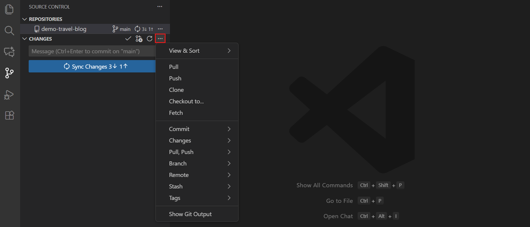 Screenshot of the Pull and Push commands in the Source Control view ellipsis menu.