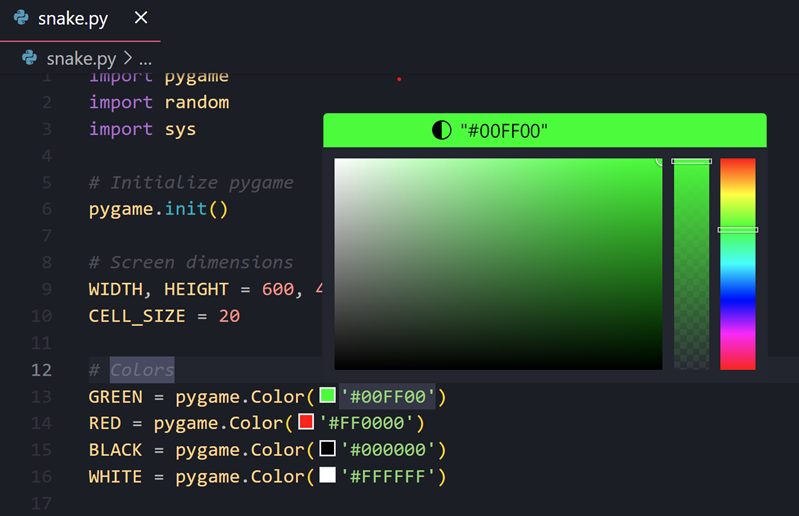 Screenshot showing the color swatch displayed in the editor next to #RGB color format.