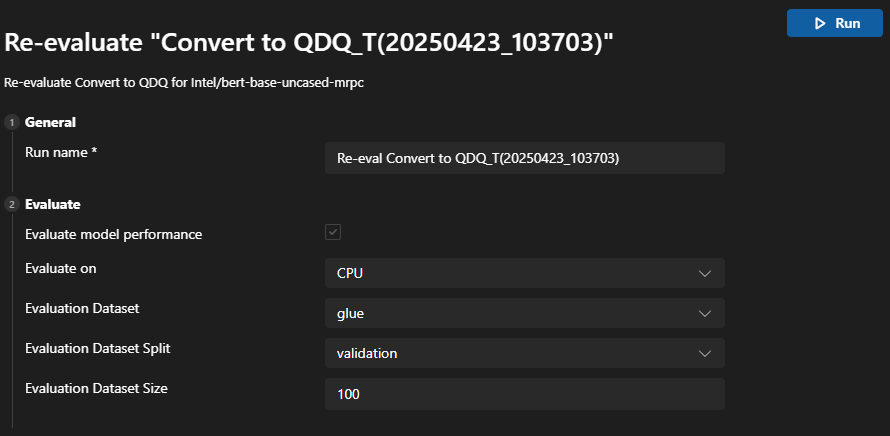 Screenshot that shows re-evaluation. It contains configurations such as name, system and datasets settings.