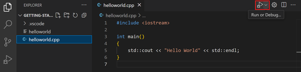 Screenshot of helloworld.cpp and play button