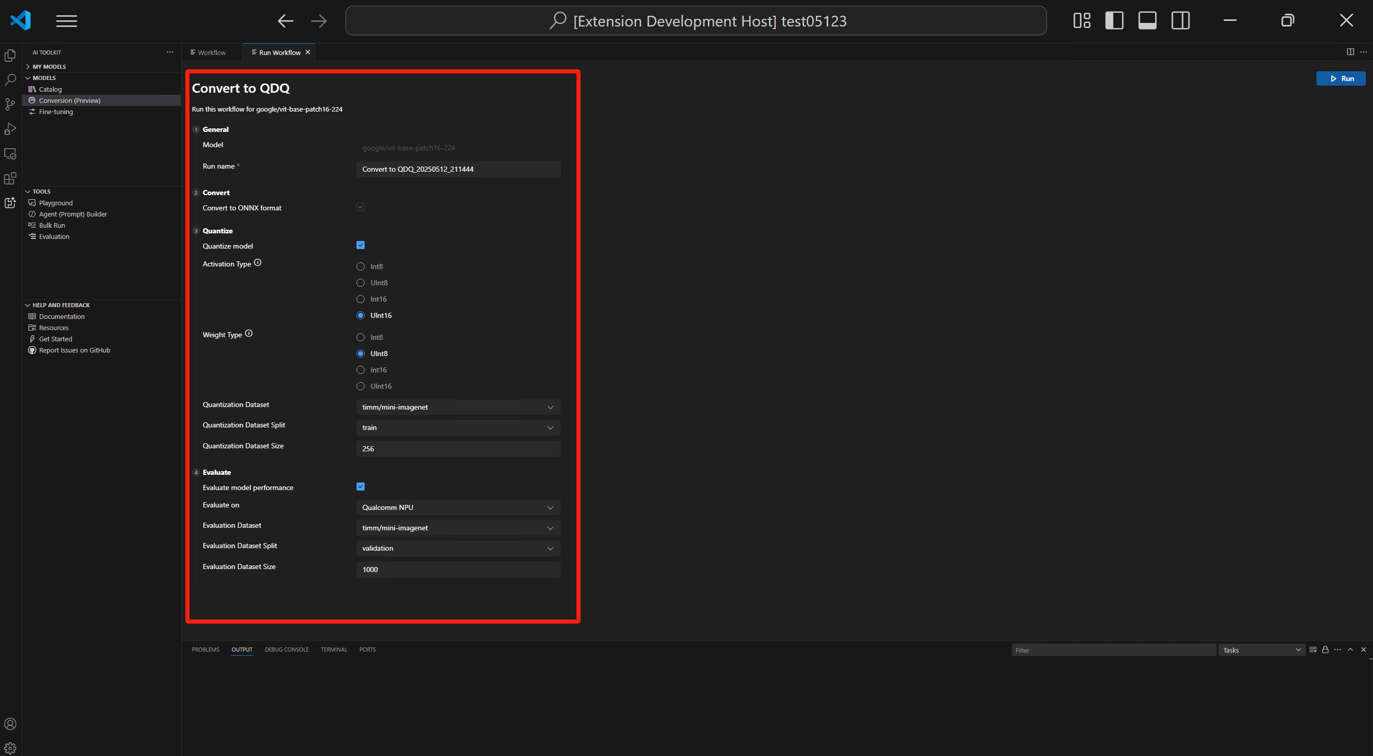 Screenshot that shows running a workflow. There is a workflow configuration section containing Conversion, Quantization and Evaluation.