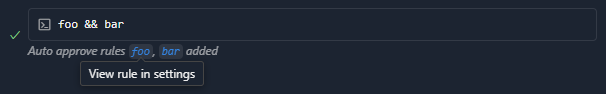 Screenshot showing the new links added under the tool call in the Chat view for adding new auto approve rules.