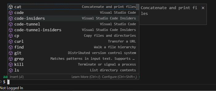 Screenshot showing a Git Bash terminal with suggestions for builtin functions like cat, cp, and curl.