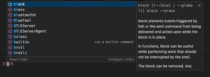 Screenshot of the terminal, showing the Block command as ghost text in the terminal. The first suggestion is block and it contains usage information.