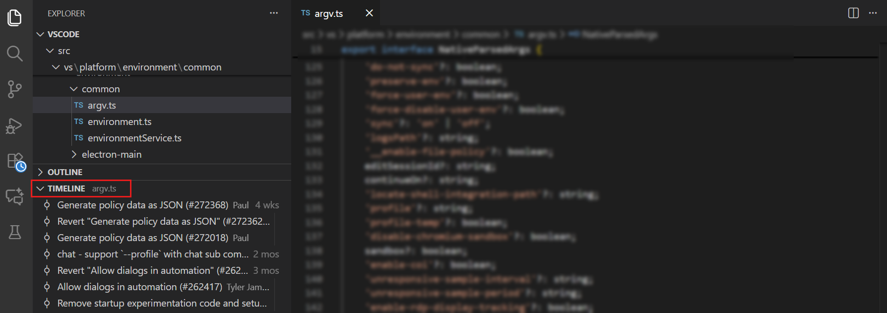 Screenshot of the timeline view showing file commit history.