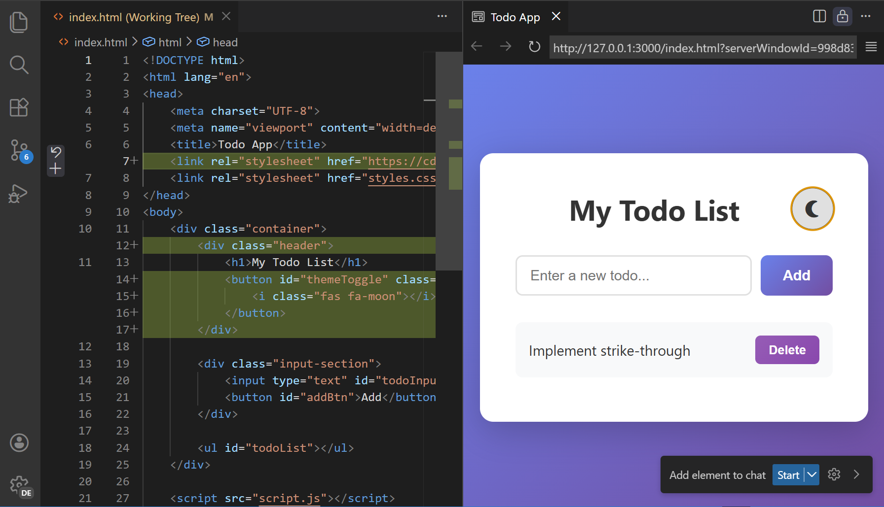 Screenshot showing the HTML preview of the app, which now has a theme switcher button.