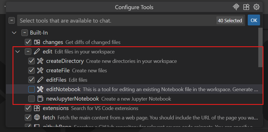 Screenshot showing the tools picker with an expanded edit tool set, listing all available tools.